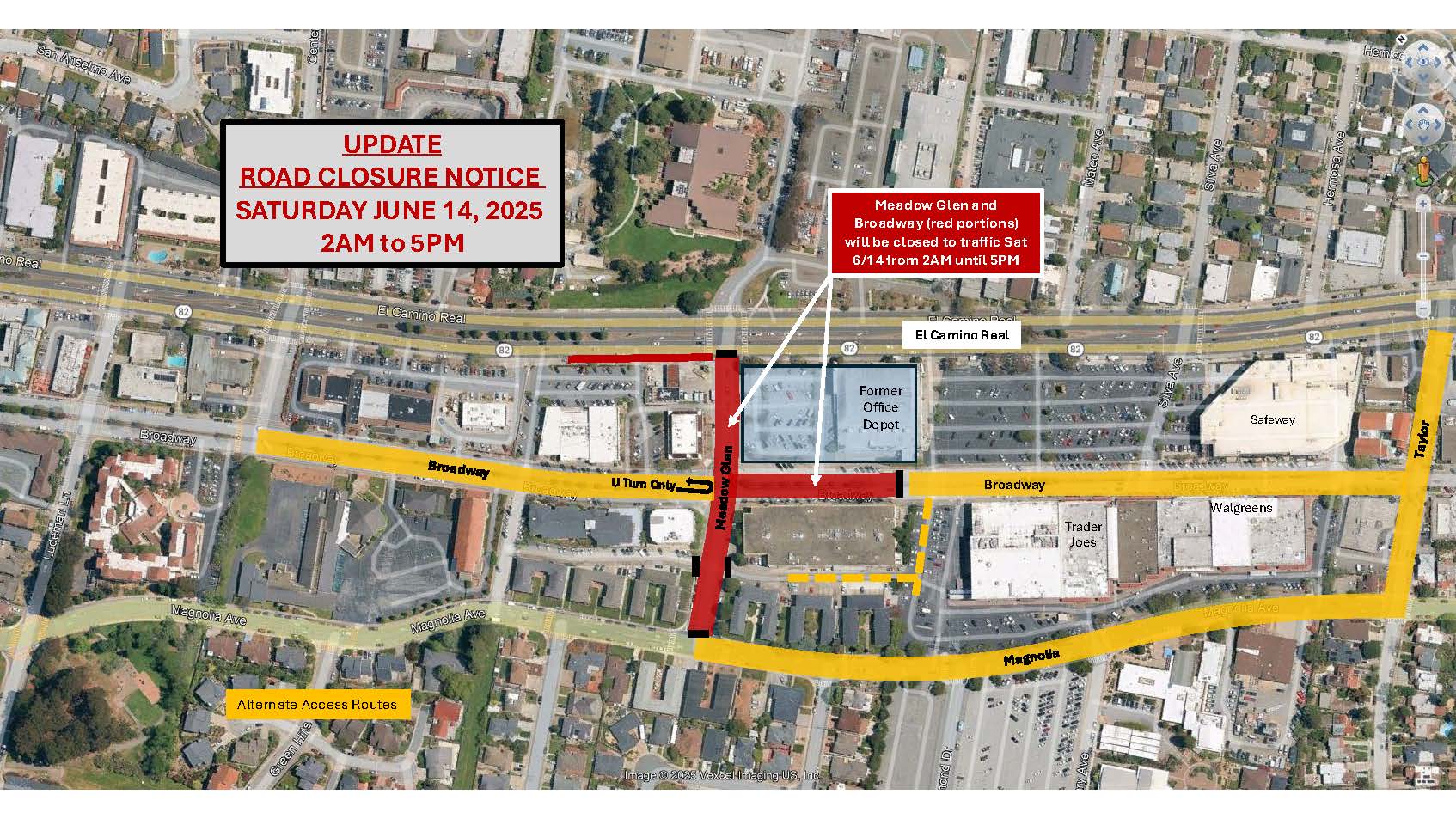 Map of Road Work taking Place on June 14th on Meadow Glen and Broadway